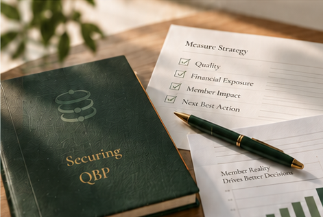 A green book titled Securing QBP beside a measure strategy checklist and a pen.